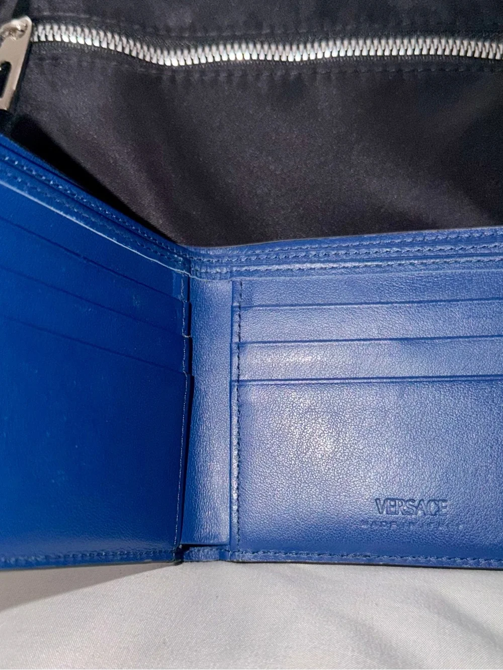 Pre-Loved VERSACE Men’s Blue Wallet + Black Nylon Drawstring Backpack (Unused!)